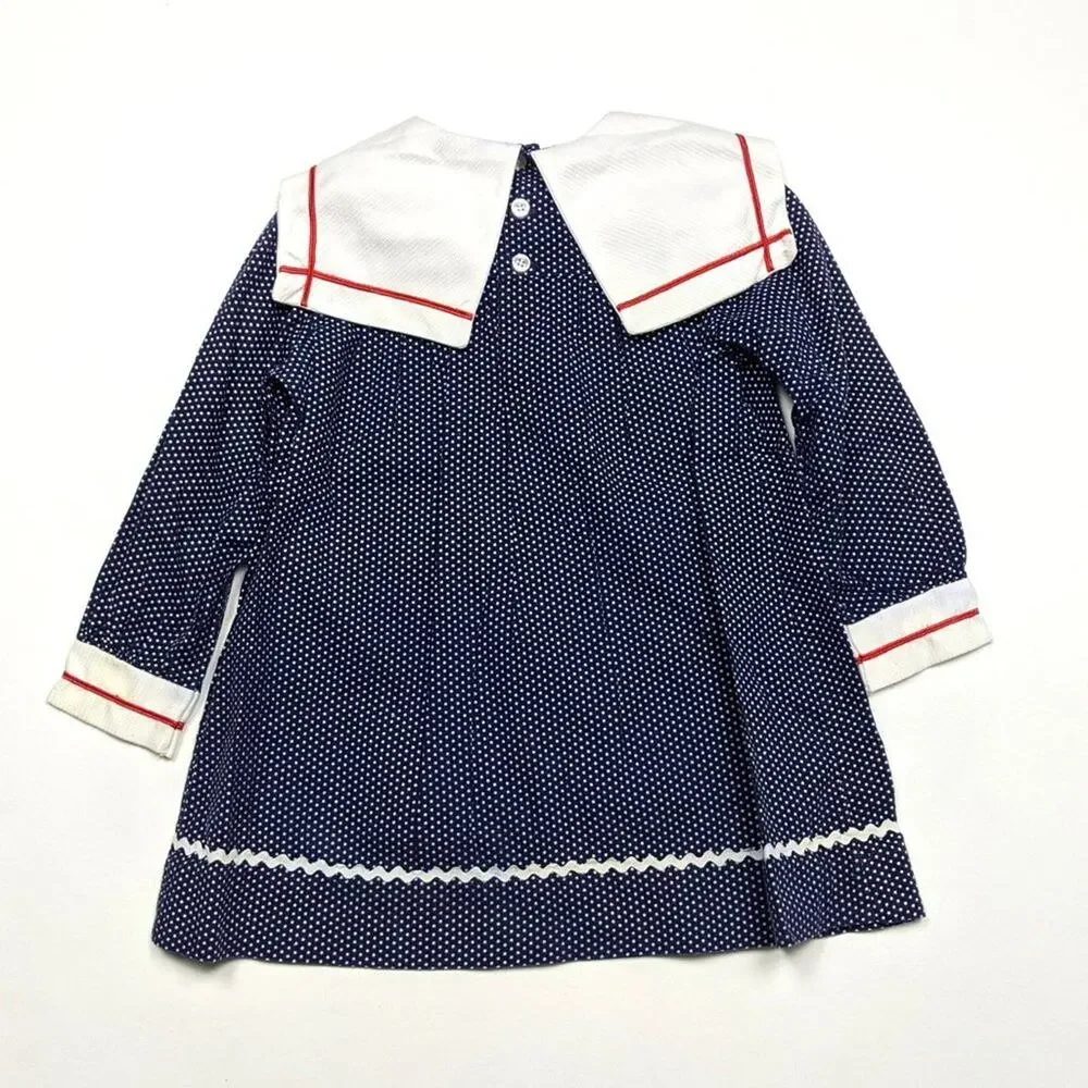 Vintage Youngland Dress Girls Size 4T Navy Polka Dot Sailboat